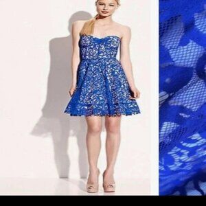 New Betsey Johnson Royal Blue White Lace Mesh Strapless Skater Dress Size 6